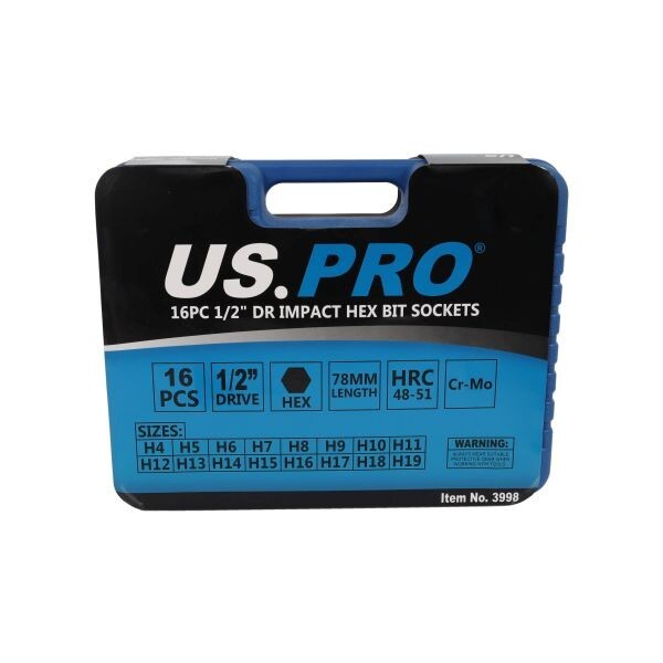 US PRO 16PC 1/2" DR IMPACT HEX BIT SOCKETS H4-H19 - SBW Trading Limited