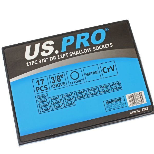 US PRO 17PC 3/8" DR 12PT Shallow Socket Set 8-24mm - SBW Trading Limited