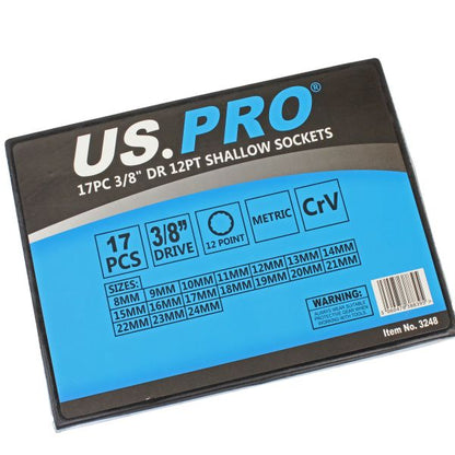 US PRO 17PC 3/8" DR 12PT Shallow Socket Set 8-24mm - SBW Trading Limited