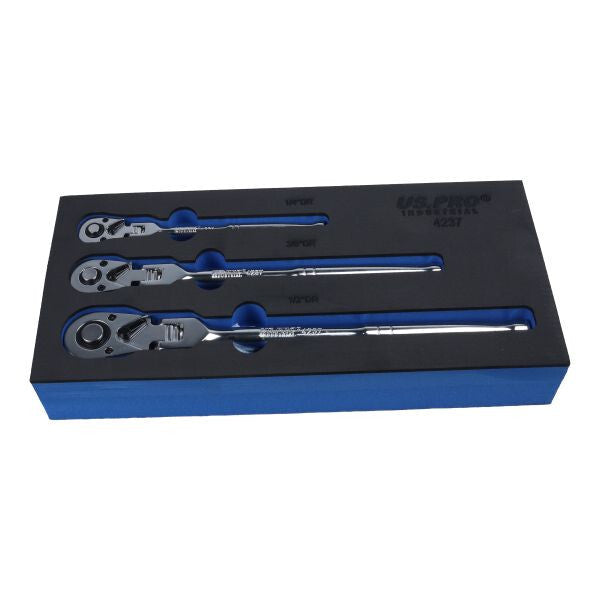 Us Pro 3Pc Flex Head Ratchet Set | 1/4" 3/8" 1/2" Drive Reversible 72T Eva Tray