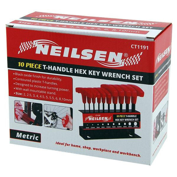 NEILSEN 10PC Metric T-Handle Hex Key Set 2-10MM with Wall Mount Stand