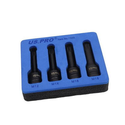 US PRO 4PC ½" Drive Impact Spline Bit Sockets M12-M18