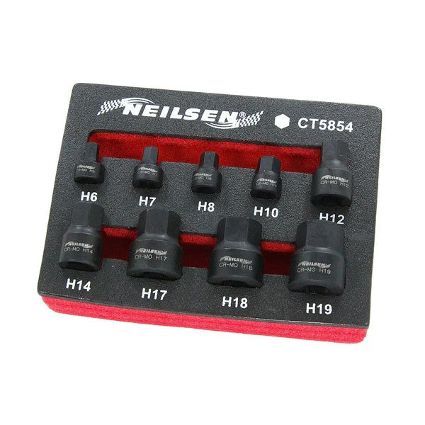 Neilsen Impact Bit Socket Set Hex 6-19Mm 9Pc Stubby Low Profile Cr-Mo Tool
