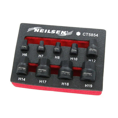 Neilsen Impact Bit Socket Set Hex 6-19Mm 9Pc Stubby Low Profile Cr-Mo Tool
