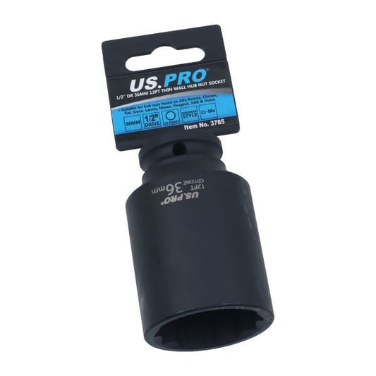 Us Pro 36Mm Thin Wall Hub Nut Socket 1/2 Drive 12 Point Euro Cr-Mo Deep Impact