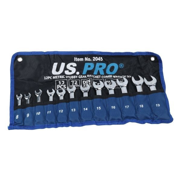 US PRO 12PC Stubby Ratchet Combination Spanner Set 8-19MM
