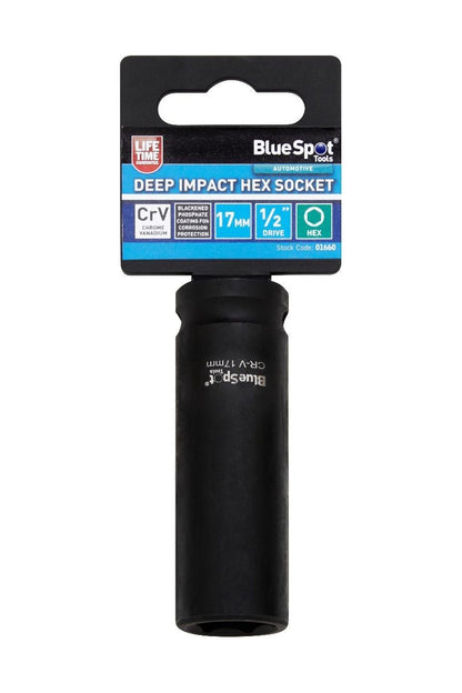 Blue Spot 1/2" Drive 17Mm Deep Impact Socket 6 Point Hex Crv Steel Heavy Duty