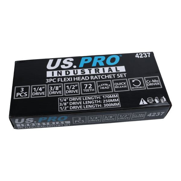 US PRO 3PC Flex Head Ratchet Set 1/4", 3/8", 1/2" Drive