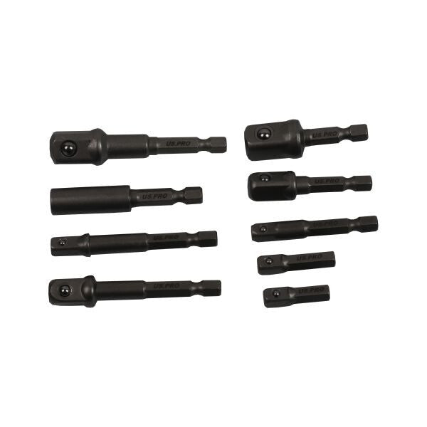 US PRO 9PC Impact Driver Socket Adaptors 1/4" Hex to 1/4", 3/8" & 1/2" Drive