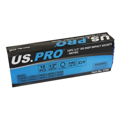 US PRO 10PC 1/2" Drive Deep Impact Socket Set Metric 10-24MM