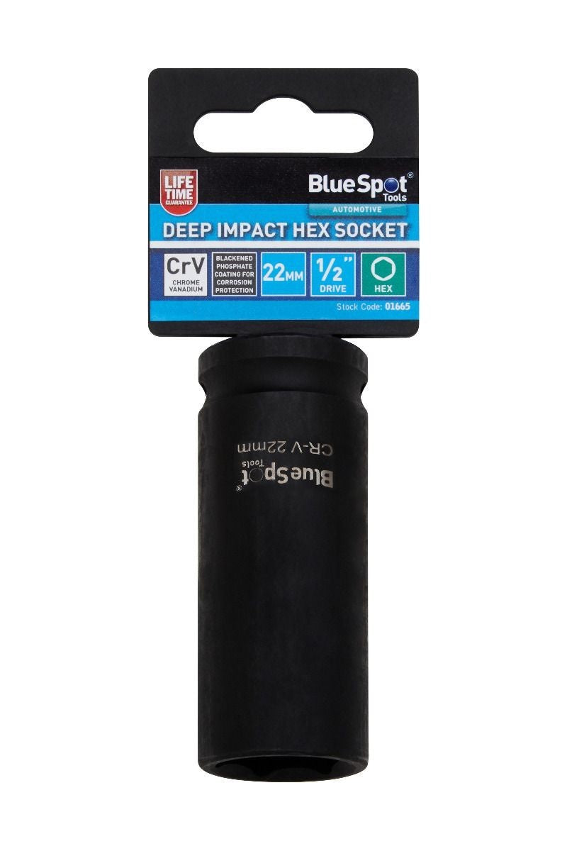 Blue Spot 1/2" Drive 22Mm Deep Impact Socket 6 Point Hex Crv Steel Heavy Duty