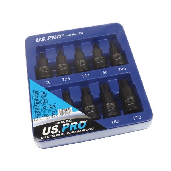 US PRO 10PC 1/2" Drive Impact Tamper Star Torx Socket Set T20–T70