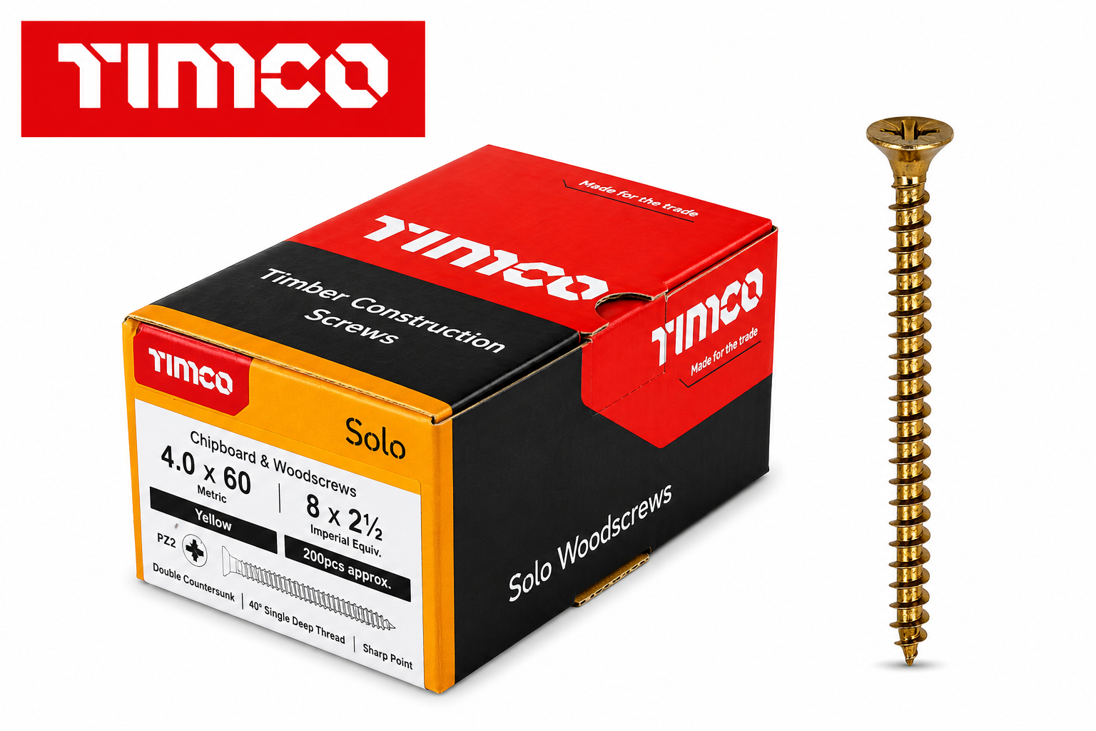 Timco Chipboard Woodscrews 4.0X60Mm Pz Yellow Double Csk 400Pk With Bits
