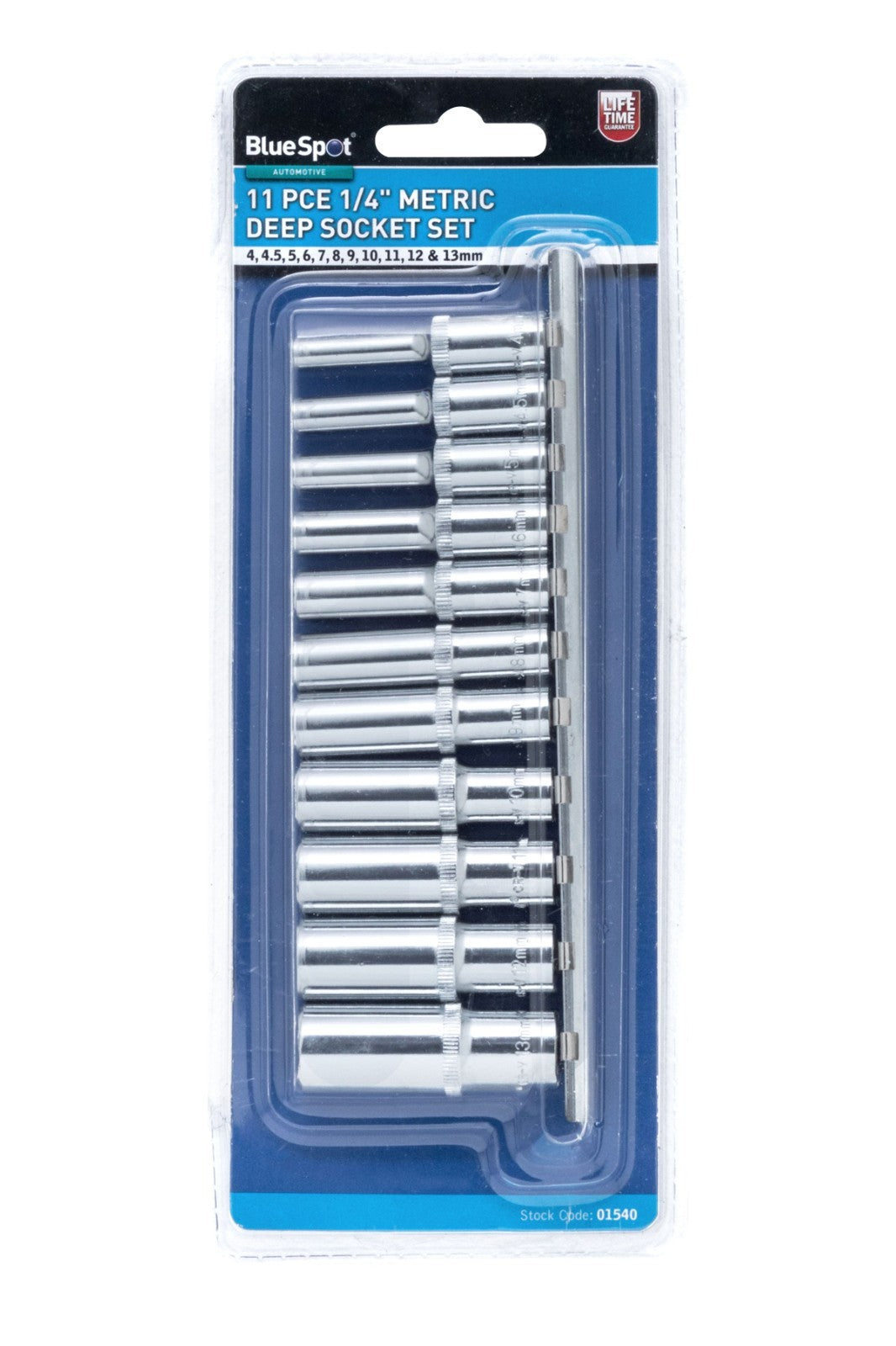 Blue Spot 1/4" Drive Metric Deep Socket Set 4-13Mm Long Reach Sockets On Rail