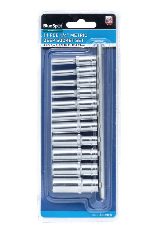 Blue Spot 1/4" Drive Metric Deep Socket Set 4-13Mm Long Reach Sockets On Rail