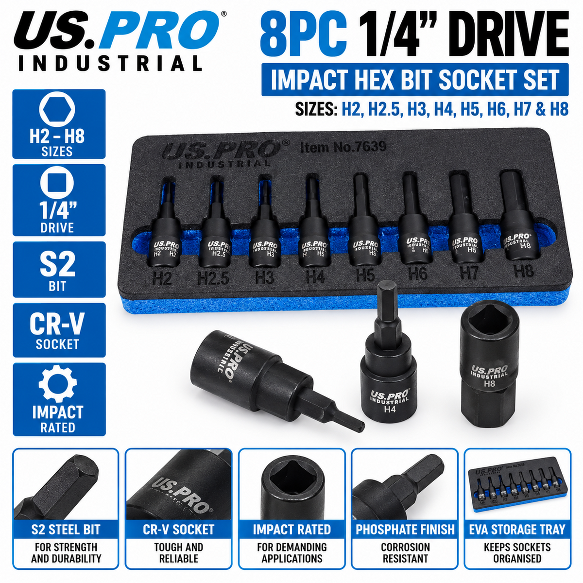 US PRO 8PC Impact Hex Bit Socket Set 1/4" Drive H2-H8