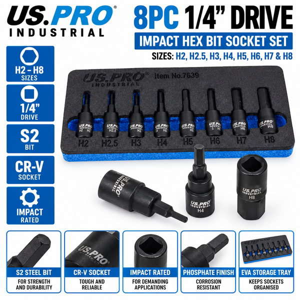 US PRO 8PC Impact Hex Bit Socket Set 1/4" Drive H2-H8