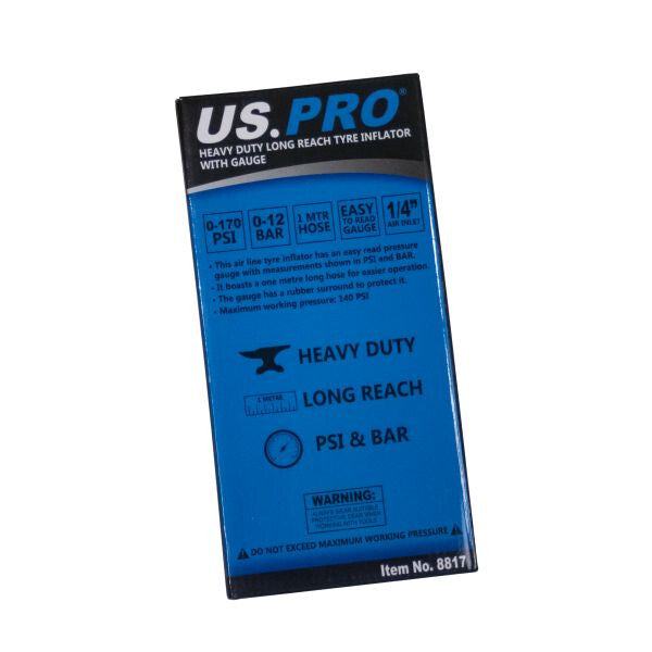 US PRO Long Reach Tyre Inflator with Gauge 1M Hose 0-170 PSI
