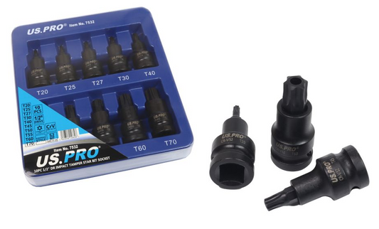 Us Pro 10Pc 1/2" Drive Impact Tamper Star Torx Socket Set Metric T20ÂT70 53Â55Mm