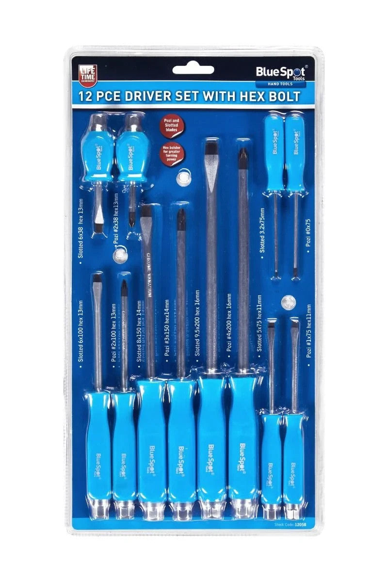 BlueSpot 12PC Hex Bolster Screwdriver Set Slotted Pozi CR-V Vinyl Handle