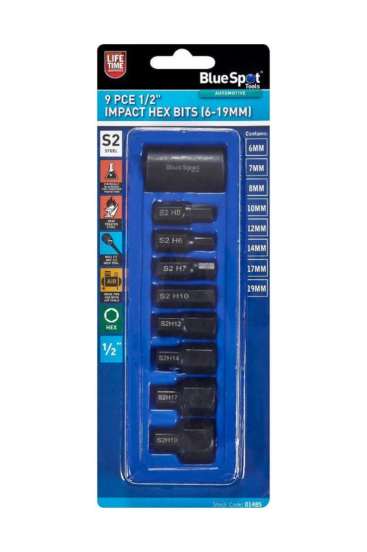 Blue Spot 1/2" Drive Impact Hex Bit Socket Set 6-19Mm 9Pc S2 Steel Allen