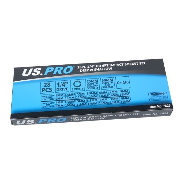 US PRO 28PC 1/4" Drive Impact Socket Set 4-15MM Deep & Shallow 6 Point Metric
