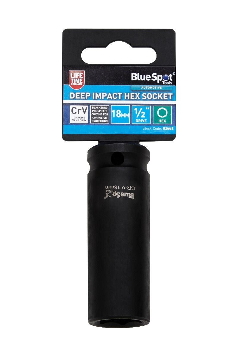 Blue Spot 1/2" Drive 18Mm Deep Impact Socket 6 Point Hex Crv Steel Heavy Duty