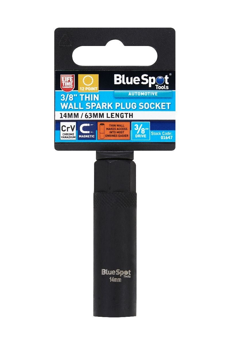 BlueSpot 14MM Thin Wall Magnetic Spark Plug Socket 3/8" Drive 12 Point