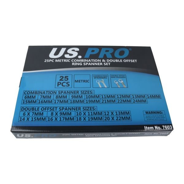 US PRO 25PC Metric Combination & Double Offset Ring Spanner Set 6-24MM