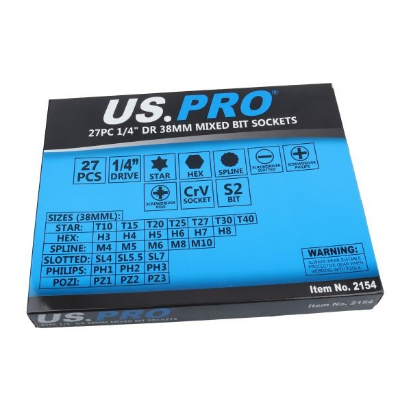 US PRO 27PC 1/4" Drive 38MM Mixed Bit Socket Set