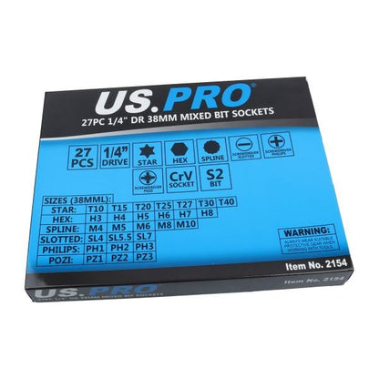 US PRO 27PC 1/4" Drive 38MM Mixed Bit Socket Set