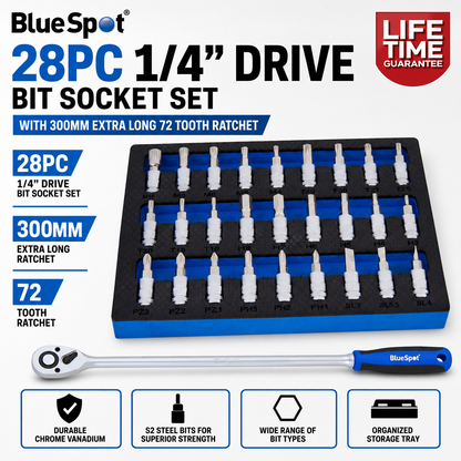 Bluespot 28Pc 1/4 Drive Bit Socket Set With 300Mm Extra Long 72 Tooth Ratchet