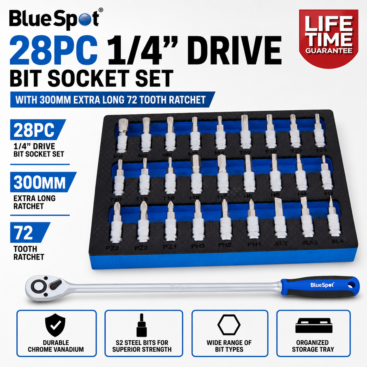 Bluespot 28Pc 1/4 Drive Bit Socket Set With 300Mm Extra Long 72 Tooth Ratchet