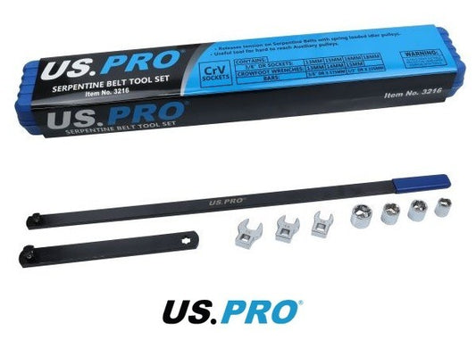 Us Pro Serpentine Belt Tool Set In Case 3/8" Drive Sockets & Crowfoot Bars
