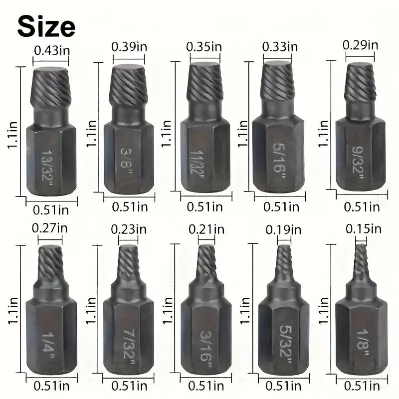 10PC Alloy Steel Thread Extractor Set 1/8"–13/32" Multi-Spline