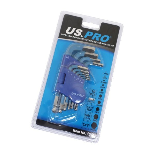 Us Pro 10Pc Ball End Hex Key Set Short Allen Keys Metric 1.5-10Mm Cr-V Steel