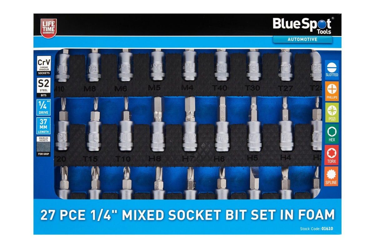 BlueSpot 27PC 1/4" Drive Mixed Bit Socket Set 37MM