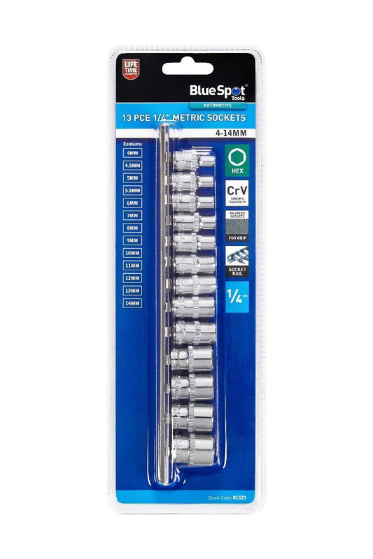 Blue Spot 1/4" Drive Metric Socket Set 4-14Mm 13Pc Hex Sockets Rail Professional
