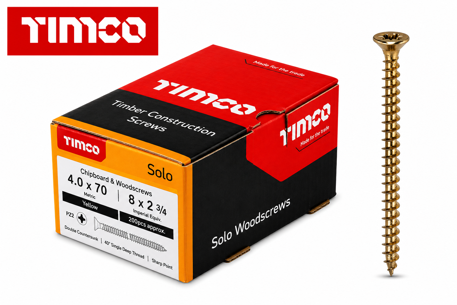 Timco Chipboard Woodscrews 4.0X70Mm Pz Yellow Double Csk 400Pk With Bits