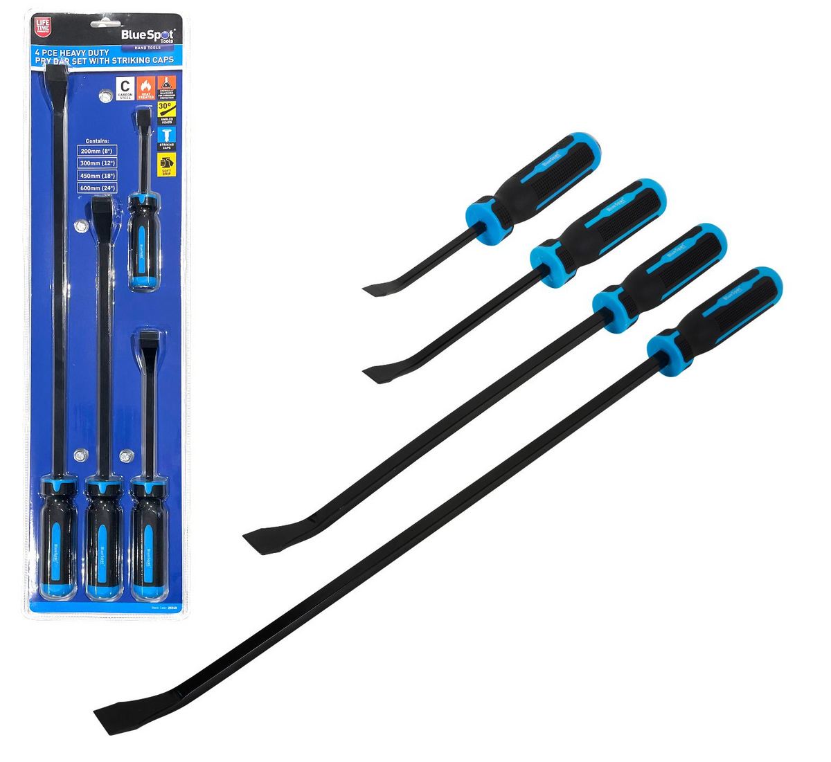 Blue Spot Heavy Duty Pry Bar Set 4Pc With Striking Caps 8-24In Lever Bars
