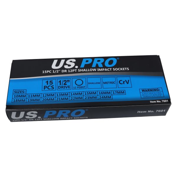 US PRO 15PC 1/2" DR 12PT Shallow Impact Socket Set 10-24mm - SBW Trading Limited