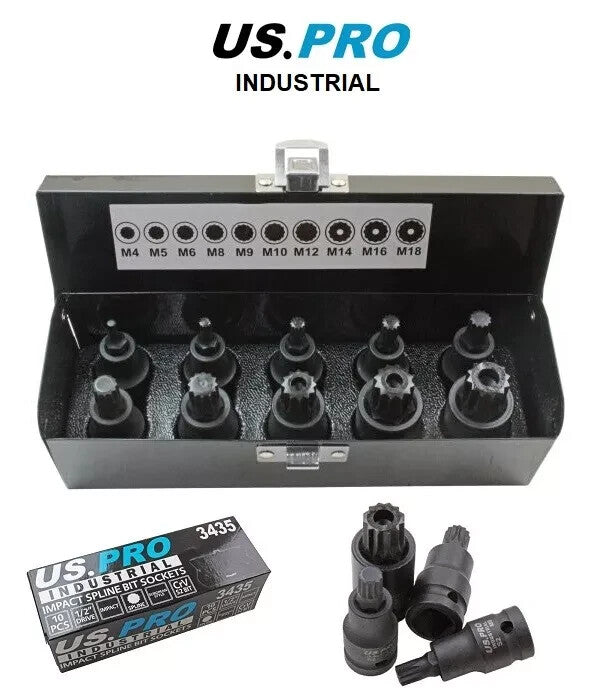 US PRO INDUSTRIAL 10PC 1/2" DR IMPACT SPLINE BIT SOCKETS - SBW Trading Limited