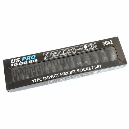 US PRO INDUSTRIAL 17PC IMPACT HEX BIT SOCKET SET - 1/4" 3/8" 1/2" DRIVES - SBW Trading Limited