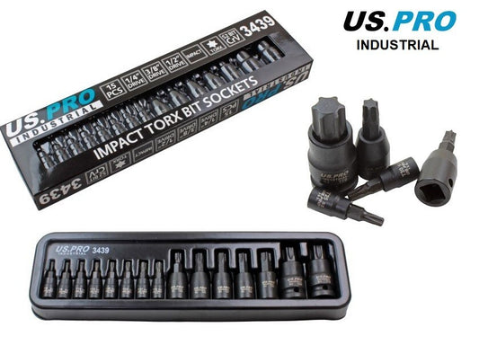 US PRO INDUSTRIAL 15PC IMPACT TORX BIT SOCKETS - 1/4" 3/8" 1/2" DRIVES - SBW Trading Limited