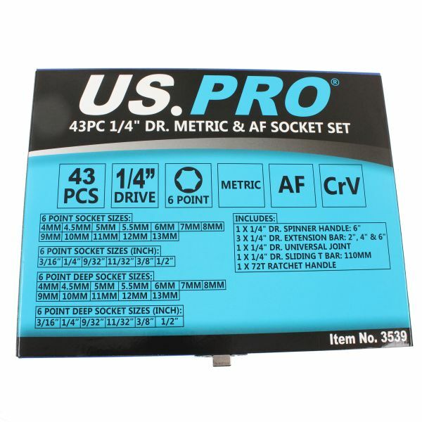 US PRO 43PC 1/4" DR. METRIC & AF SOCKET SET - SBW Trading Limited