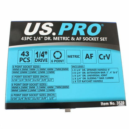 US PRO 43PC 1/4" DR. METRIC & AF SOCKET SET - SBW Trading Limited
