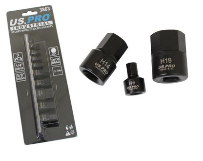 US PRO INDUSTRIAL 9PC 1/4" 3/8" DR STUBBY IMPACT HEX BIT SOCKETS - SBW Trading Limited