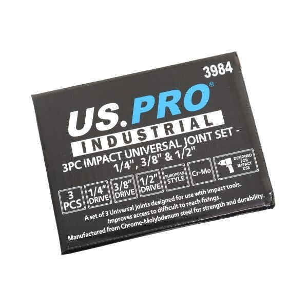 US PRO INDUSTRIAL 3PC IMPACT UNIVERSAL JOINT SET 1/4", 3/8" & 1/2" DRIVES EVA TRAY - SBW Trading Limited
