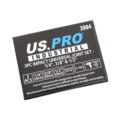 US PRO INDUSTRIAL 3PC IMPACT UNIVERSAL JOINT SET 1/4", 3/8" & 1/2" DRIVES EVA TRAY - SBW Trading Limited