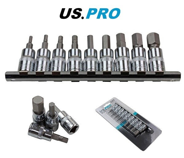 US PRO 9PC 3/8" DR SAE HEX BIT SOCKETS ON RAIL - SBW Trading Limited